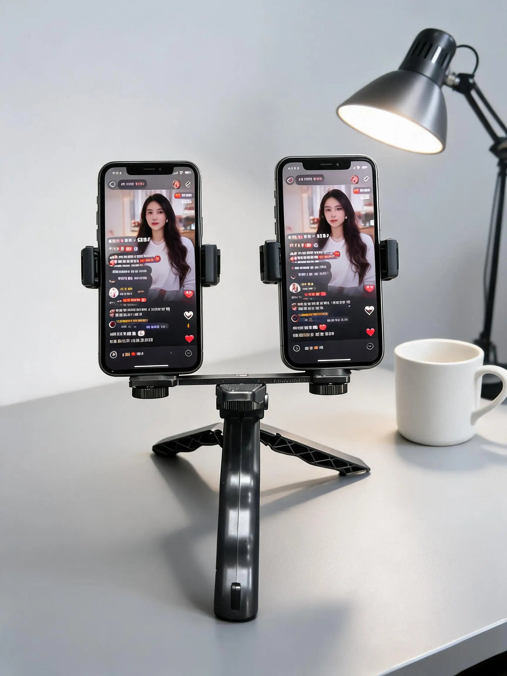 Dual Phone Live Stream Holder Handheld Tripod Stand 2-in-1 Adjustable Bracket for Vlogging Video Shooting